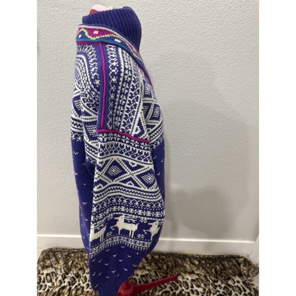 Vintage Nordic Sweater Quarter Zip Purple White Wool Blend Reindeer Fair Isle - Picture 3 of 6